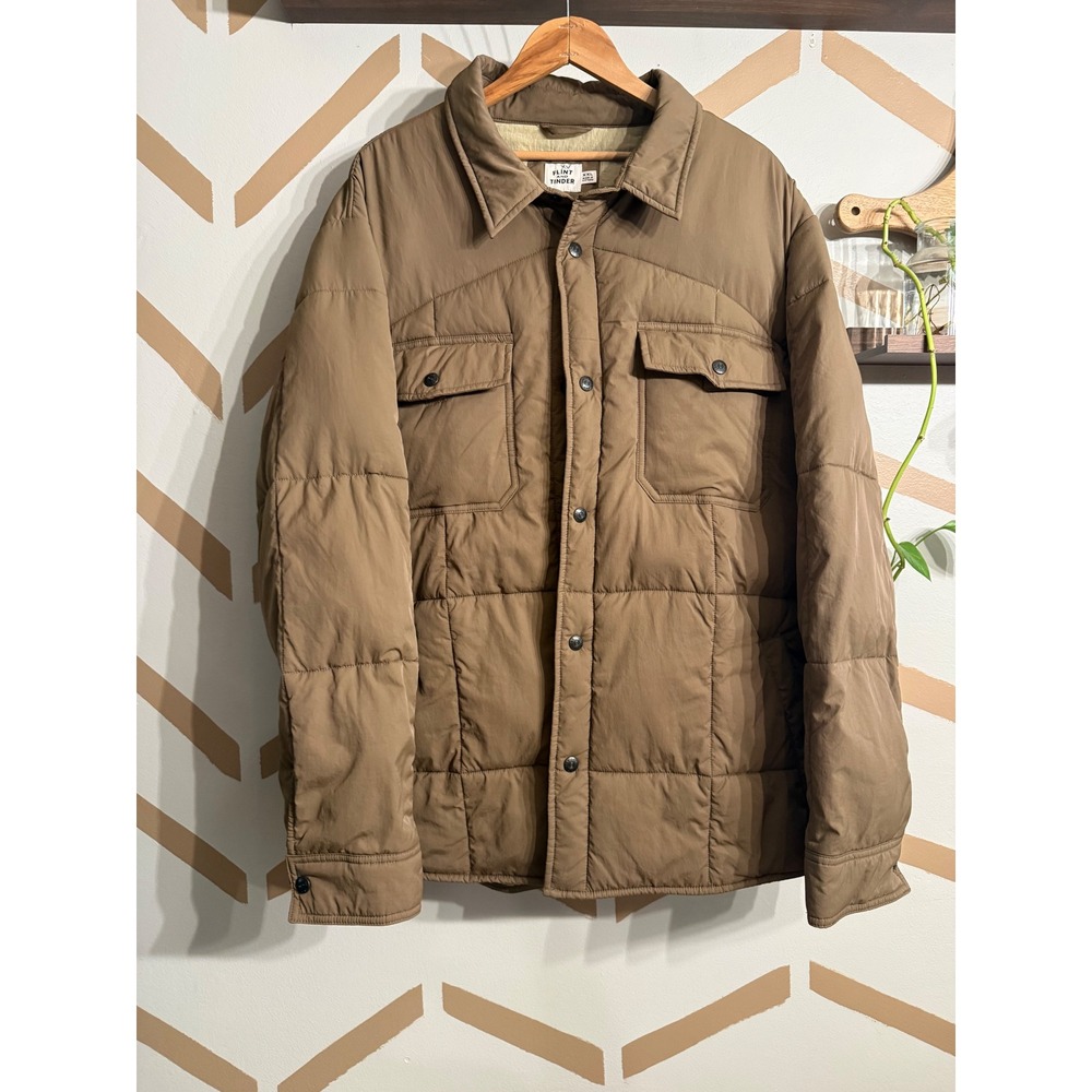 Flint and Tinder Puffer Coat Mens XXL Tan Quilted Flight Jacket Snap Front